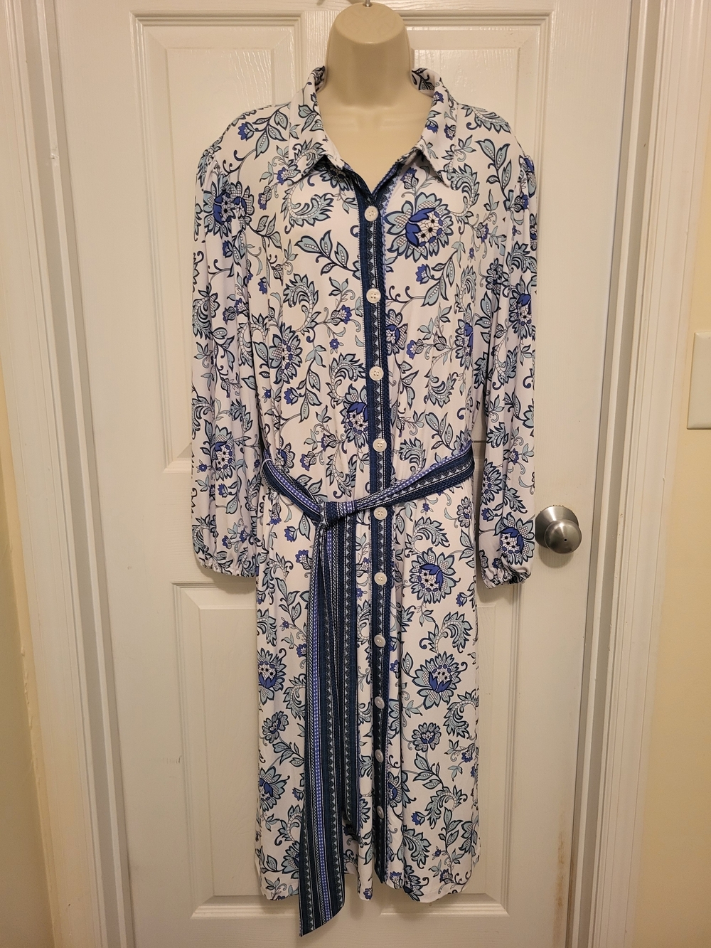 Susan Graver White and Blue Floral Belted Midi Shirt Dress